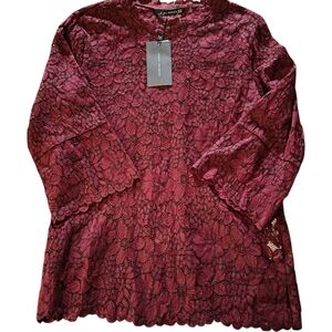 NWT Zara Women's Floral Lace Top W/ Bell Sleeves - Burgundy XSmall